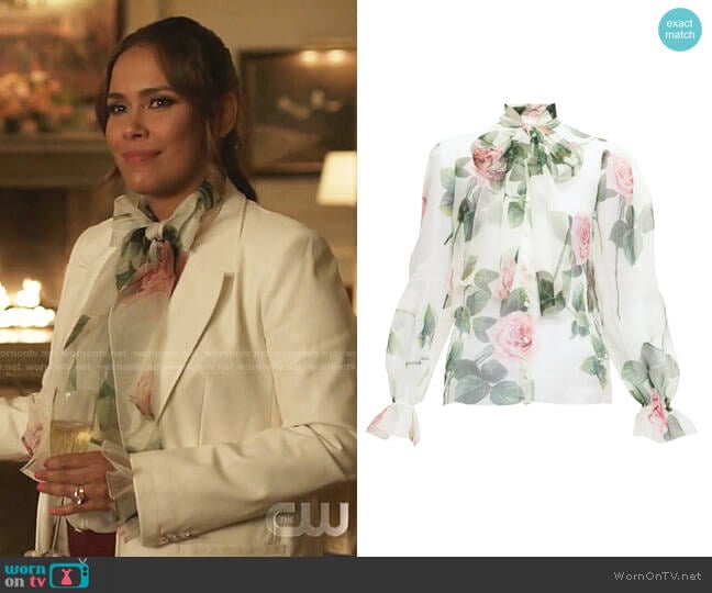 Pussy-Bow Rose-Print Silk-Organza Blouse by Dolce & Gabbana worn by Cristal Jennings (Daniella Alonso) on Dynasty