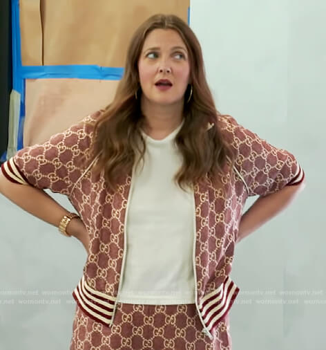 Drew's GG logo jacket and pants on The Drew Barrymore Show
