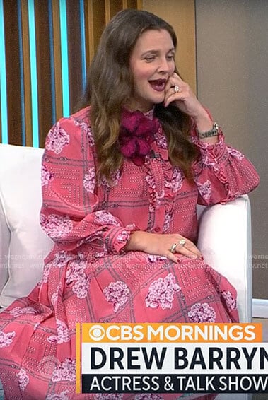 Drew Barrymore’s pink printed blouse and skirt set on CBS Mornings