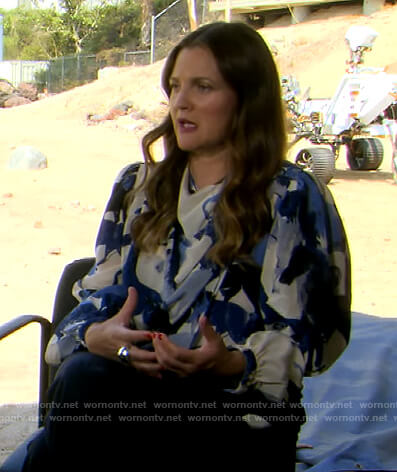 Drew’s horse print drape blouse on The Drew Barrymore Show