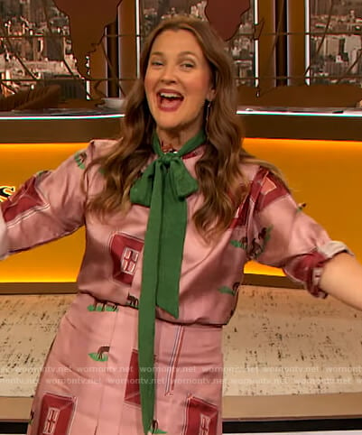 Drew’s pink horse print blouse and skirt on The Drew Barrymore Show