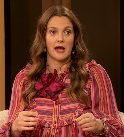 Drew’s pink stripe ruffle blouse and pants on The Drew Barrymore Show