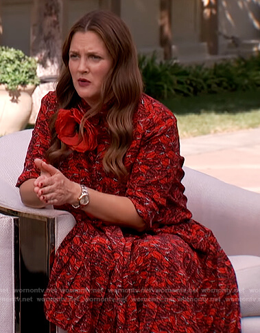Drew's red lip print blouse and skirt on The Drew Barrymore Show