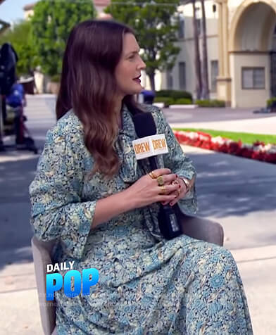 Drew’s blue floral print blouse and skirt on E! News Daily Pop