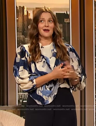 Drew’s horse print drape blouse on The Drew Barrymore Show