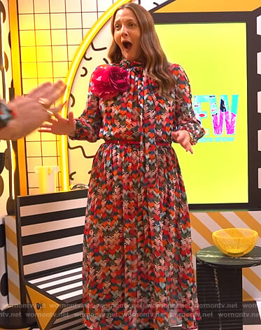 WornOnTV: Drew's heart print midi dress on The Drew Barrymore Show