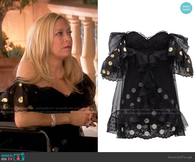 Ruffled Off-the-Shoulder Lace Mini Dress by Dundas worn by Sutton Stracke on The Real Housewives of Beverly Hills