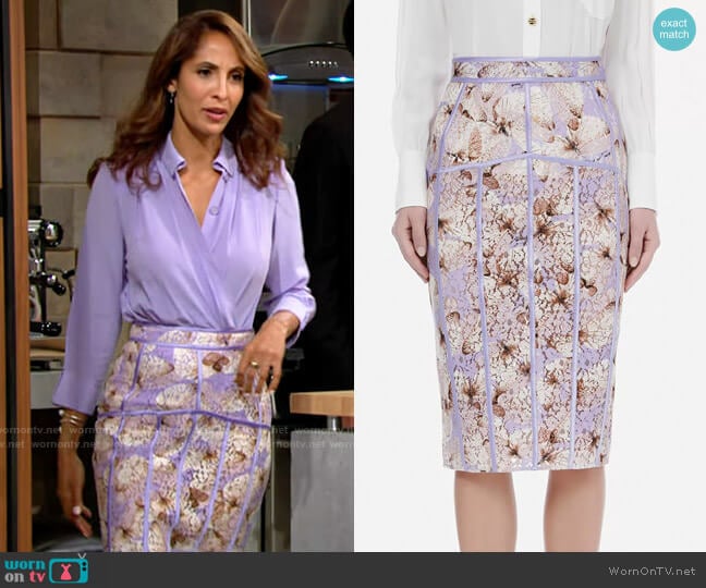 Elisabetta Franchi Calf-length skirt in lace fabric with butterfly print in Lavender worn by Lily Winters (Christel Khalil) on The Young and the Restless