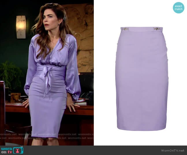 WornOnTV Victoria s lilac purple wrap waist blouse and skirt on  