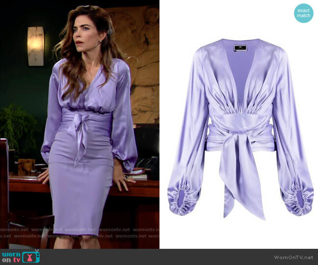 Elisabetta Franchi Silk Wraparound Blouse worn by Victoria Newman (Amelia Heinle) on The Young and the Restless