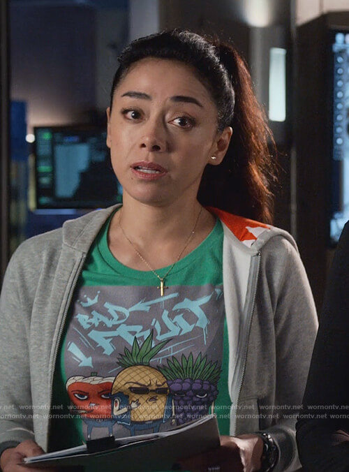 Ella's green fruit graphic tee on Lucifer