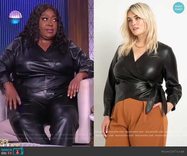 Faux Leather Wrap Top by Eloquii worn by Loni Love on The Real