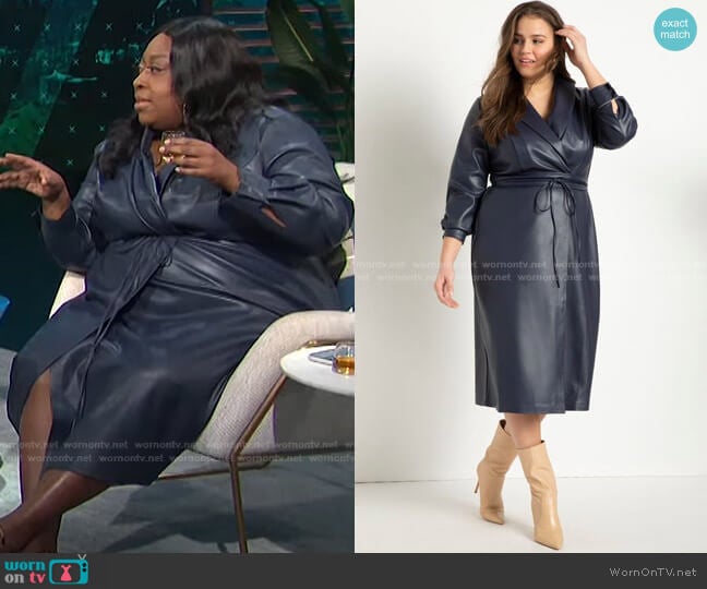 Shawl Collar Vegan Leather Dress by Eloquii worn by Loni Love on E! News