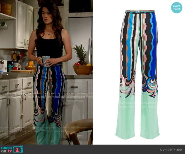 Emilio Pucci Printed silk-twill wide-leg pants worn by Steffy Forrester (Jacqueline MacInnes Wood) on The Bold and the Beautiful