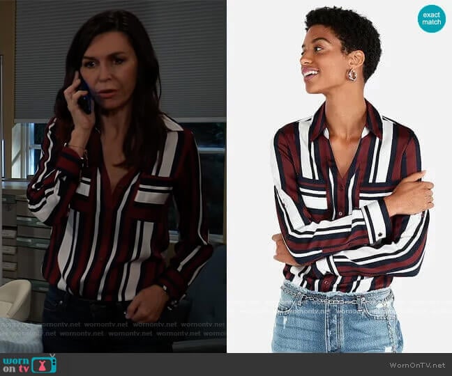 Express Slim Fit Stripe Portofino Shirt worn by Anna Devane (Finola Hughes) on General Hospital