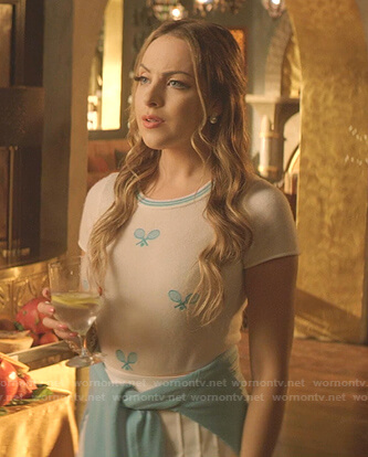 Fallon's white tennis embroidered top on Dynasty