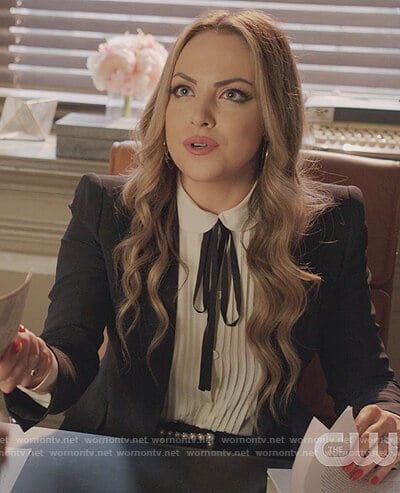 Fallon's white pleated tie neck blouse on Dynasty