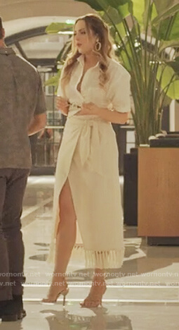 Fallon's white cropped shirt and fringe trim skirt on Dynasty