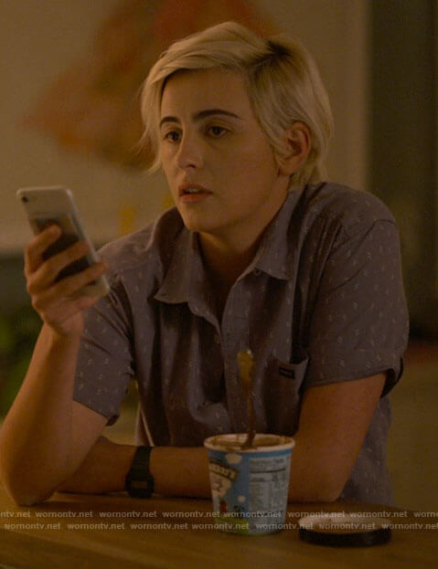Finley's blue printed button down shirt on The L Word Generation Q