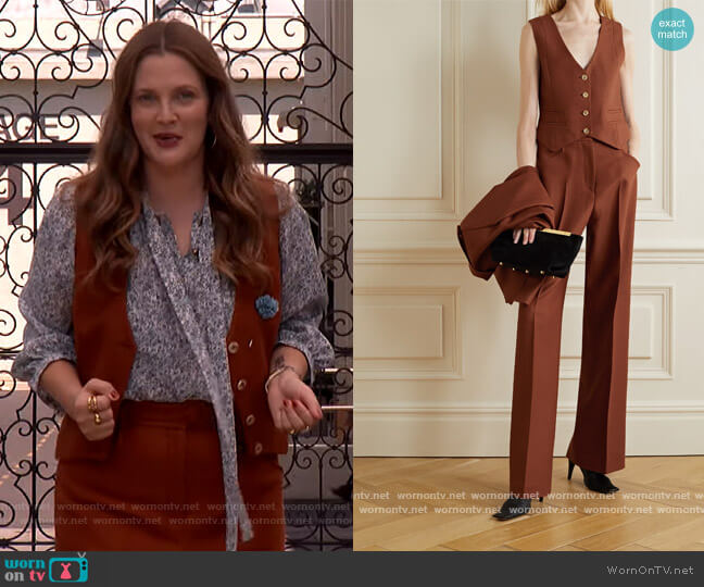 Zelos wool and silk-blend twill vest and pants by Gabriela Hearst worn by Drew Barrymore on The Drew Barrymore Show