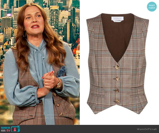 Zelos checked virgin wool vest by Gabriela Hearst worn by Drew Barrymore on The Drew Barrymore Show