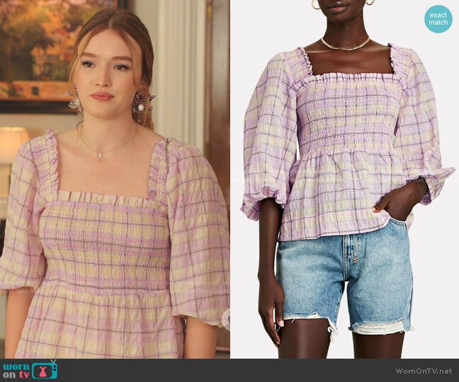 Smocked Seersucker Plaid Top by Ganni worn by Kirby Anders (Maddison Brown) on Dynasty