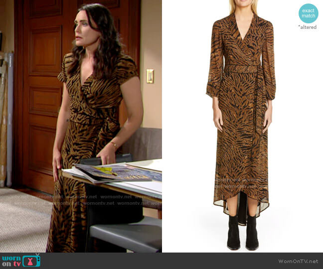 Ganni Tiger Print Georgette Midi Wrap Dress worn by Quinn Fuller (Rena Sofer) on The Bold and the Beautiful