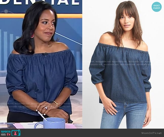 Off-Shoulder Denim Top in Dark Indigo by Gap worn by Sheinelle Jones on Today