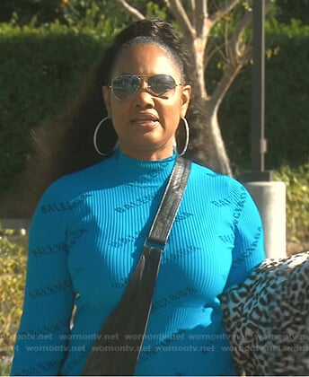 Garcelle’s blue logo print ribbed dress on The Real Housewives of Beverly Hills