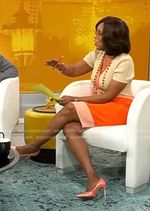 Gayle King's beige and orange knit dress on CBS Mornings
