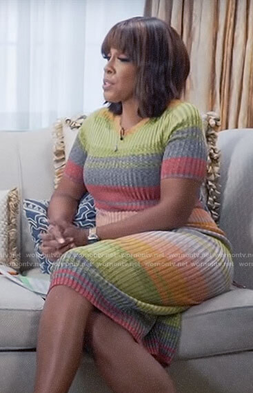 Gayle King’s multi color striped knit dress on CBS Mornings
