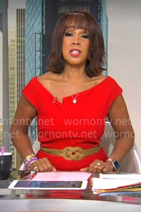 Gayle’s red asymmetric neckline dress on CBS Mornings