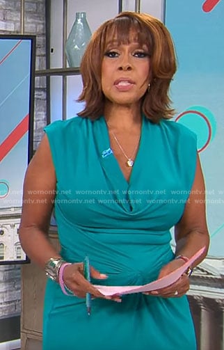 Gayle King’s turquoise cowl neck dress on CBS Mornings