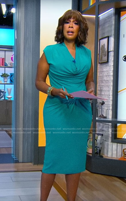 Gayle King’s turquoise cowl neck dress on CBS Mornings