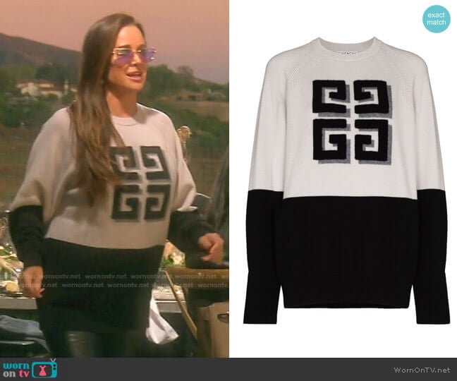 Intarsia Logo Cashmere Jumper by Givenchy worn by Kyle Richards on The Real Housewives of Beverly Hills