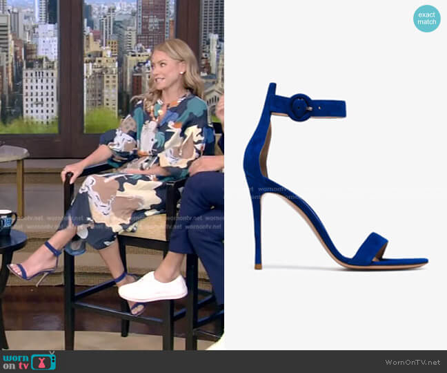 Portofino 105 velvet sandals by Gianvito Rossi worn by Kelly Ripa on Live with Kelly and Mark