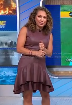 Ginger’s brown ruffle hem leather dress on Good Morning America