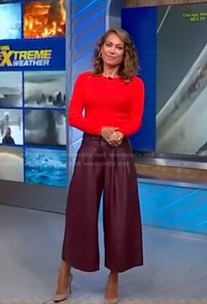 Ginger's red top and burgundy leather cropped pants on Good Morning America
