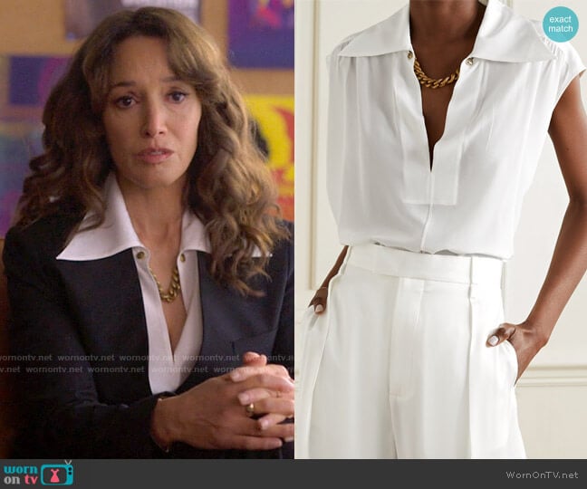 Givenchy Chain-embellished tie-neck silk crepe de chine blouse worn by Bette Porter (Jennifer Beals) on The L Word Generation Q