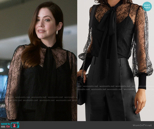 Givenchy Pussy-bow silk crepe de chine-trimmed lace blouse worn by Andrea Rojas (Julie Gonzalo) on Supergirl