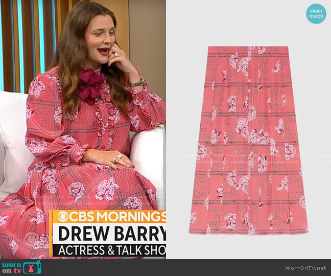 Gucci Floral print silk skirt worn by Drew Barrymore on CBS Mornings