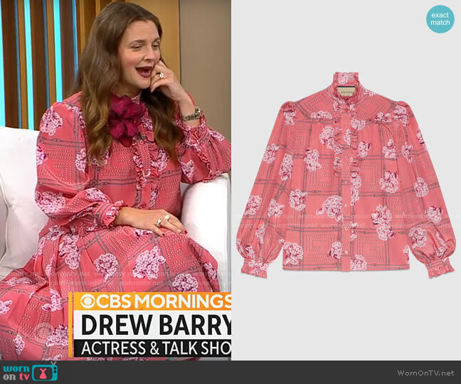 Gucci Silk ruffle shirt with floral print worn by Drew Barrymore on CBS Mornings