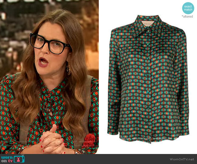 Geometric pattern silk Blouse by Gucci worn by Drew Barrymore on The Drew Barrymore Show