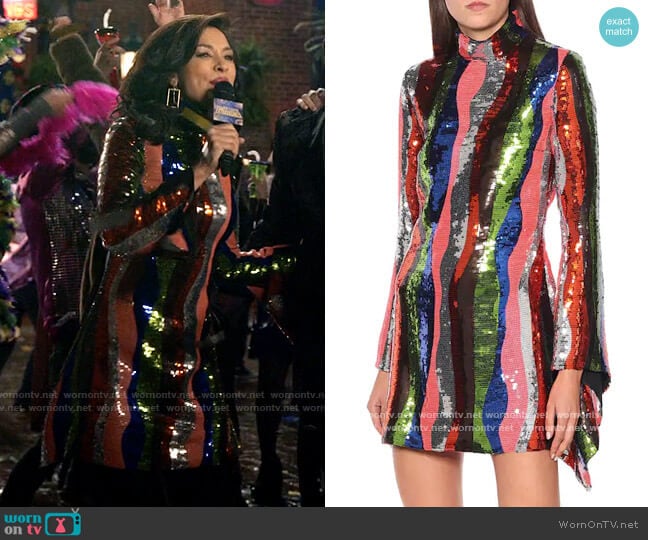 Halpern Striped sequined satin mini dress worn by Alison Namazi (Janina Gavankar) on The Morning Show