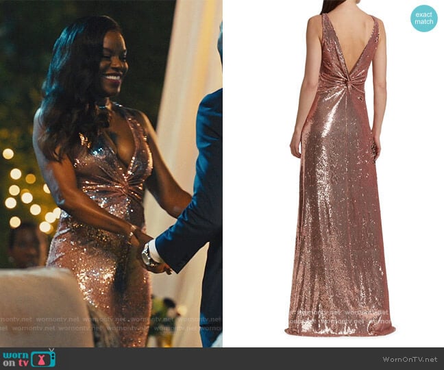 Madden Metallic Sequin Twist-Back Gown by Halston worn by Leah Franklin-Dupont (Nadine Ellis) on Our Kind of People