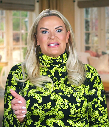Heather’s black and yellow printed turtleneck dress on The Real Housewives of Salt Lake City