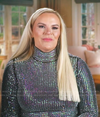 Heather’s silver embellished turtleneck top on The Real Housewives of Salt Lake City