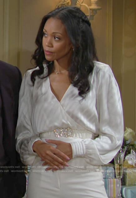 Amanda's white striped wrap top on The Young and the Restless