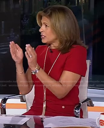 Hoda’s red short sleeve shift dress on Today