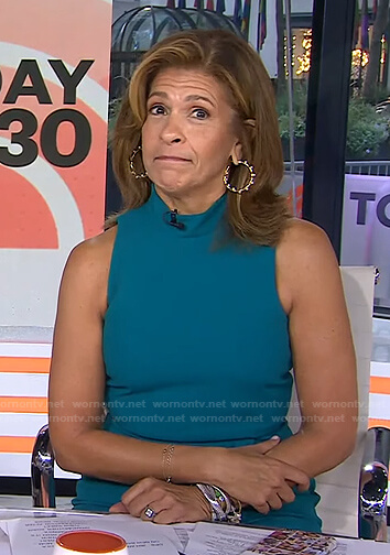 Hoda’s teal mock neck sleeveless dress on Today